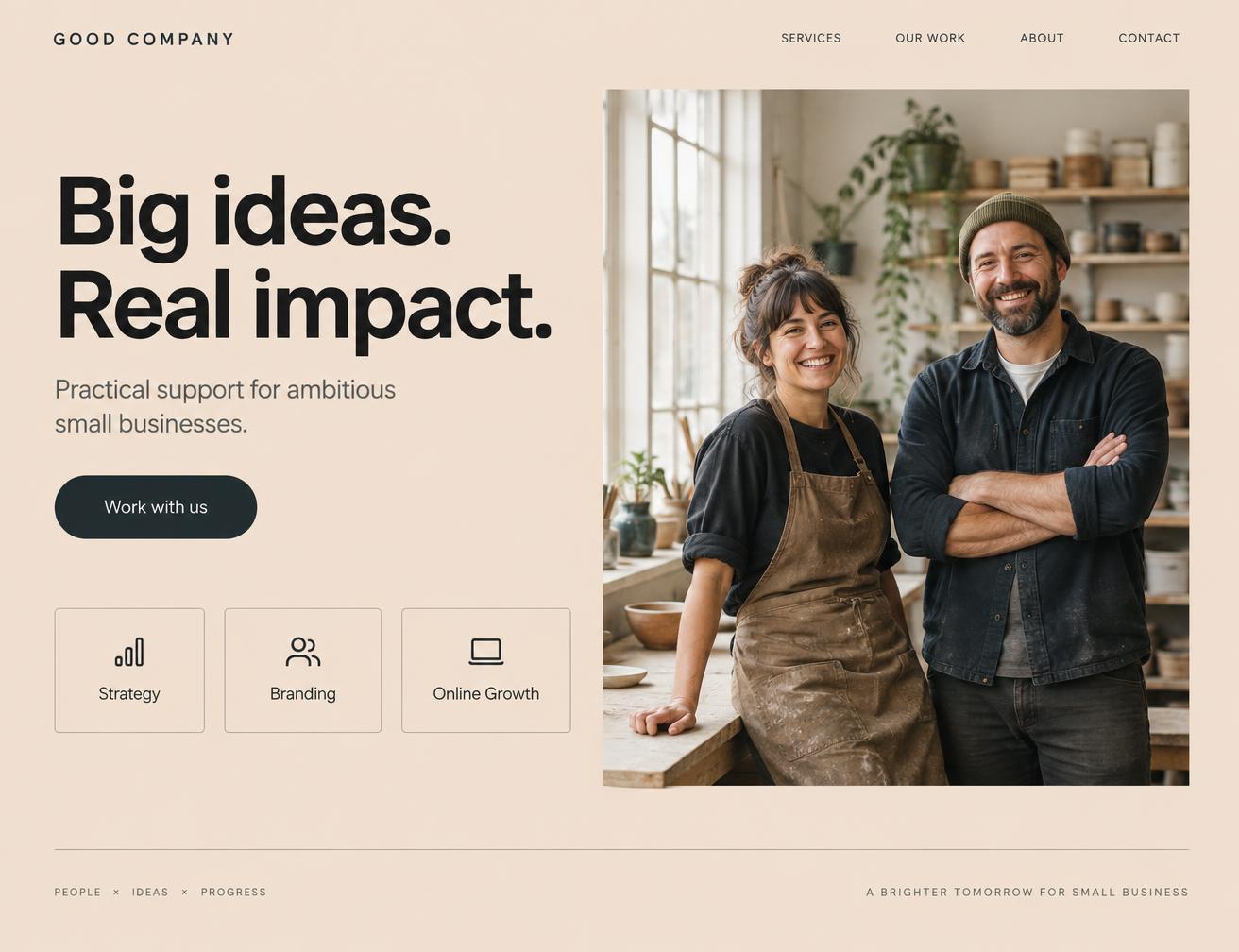Example website design for a local business: warm sand background, headline, photograph of two business owners and service cards
