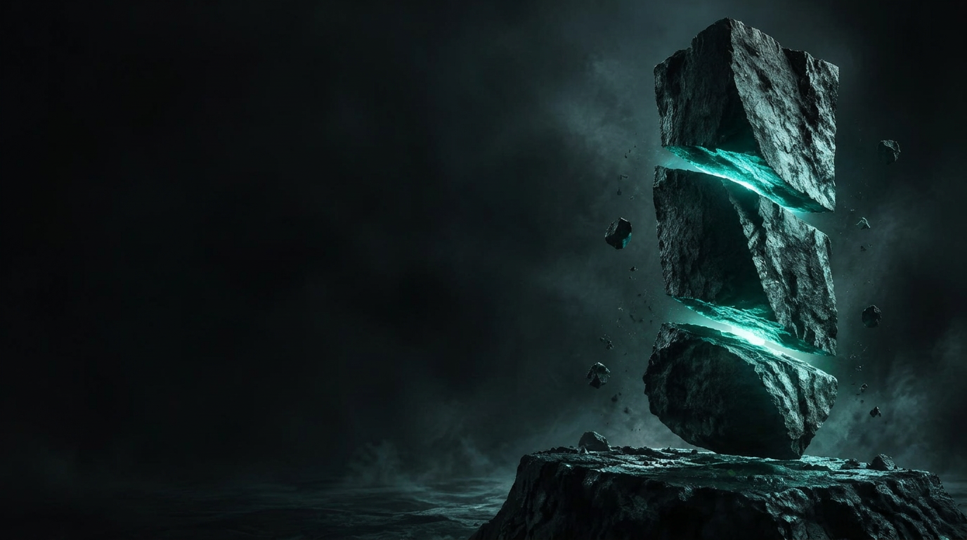 Sculptural floating stone illuminated by teal light